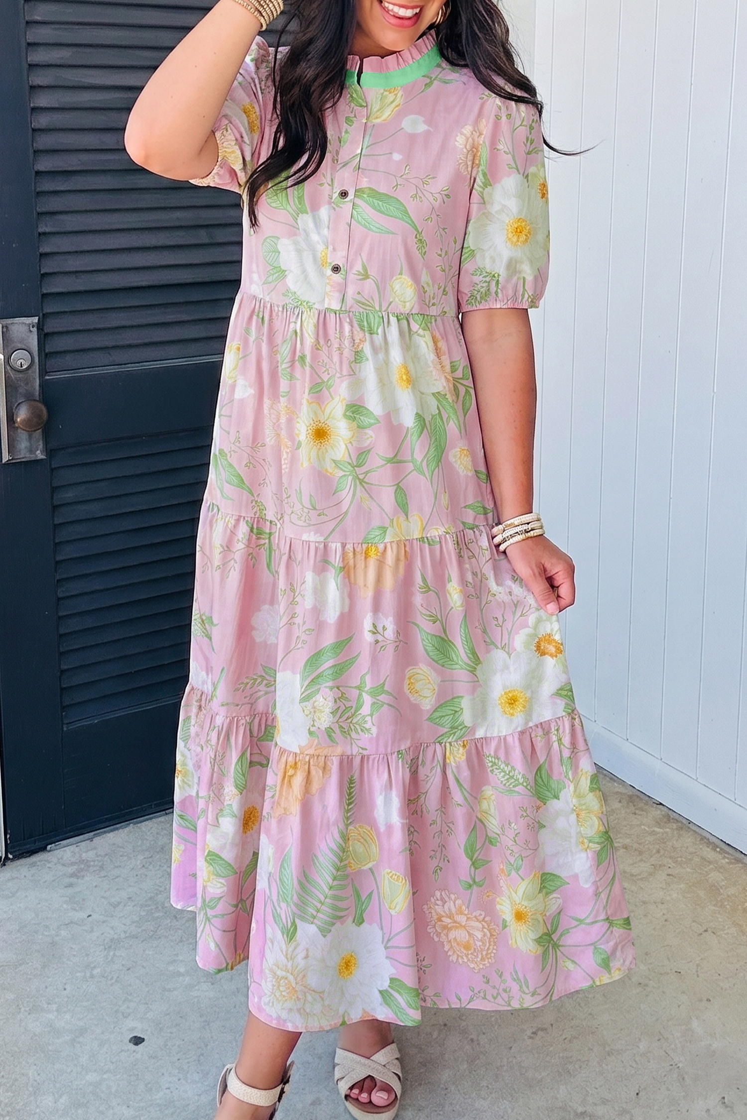 Chic Women's Pink Floral Long Dress – Short Sleeve High Waist A-Line Dress for Vacation - Detail View 3 Chic Women's Pink Floral Long Dress – Short Sleeve High Waist A-Line Dress for Vacation - Detail View 3