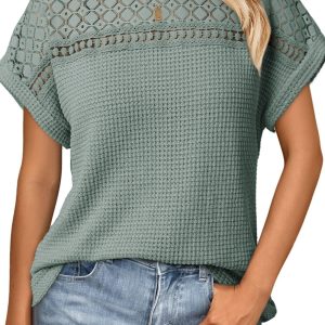 Women's Mist Green Waffle Top, Lace Patchwork Short Sleeve - Main View