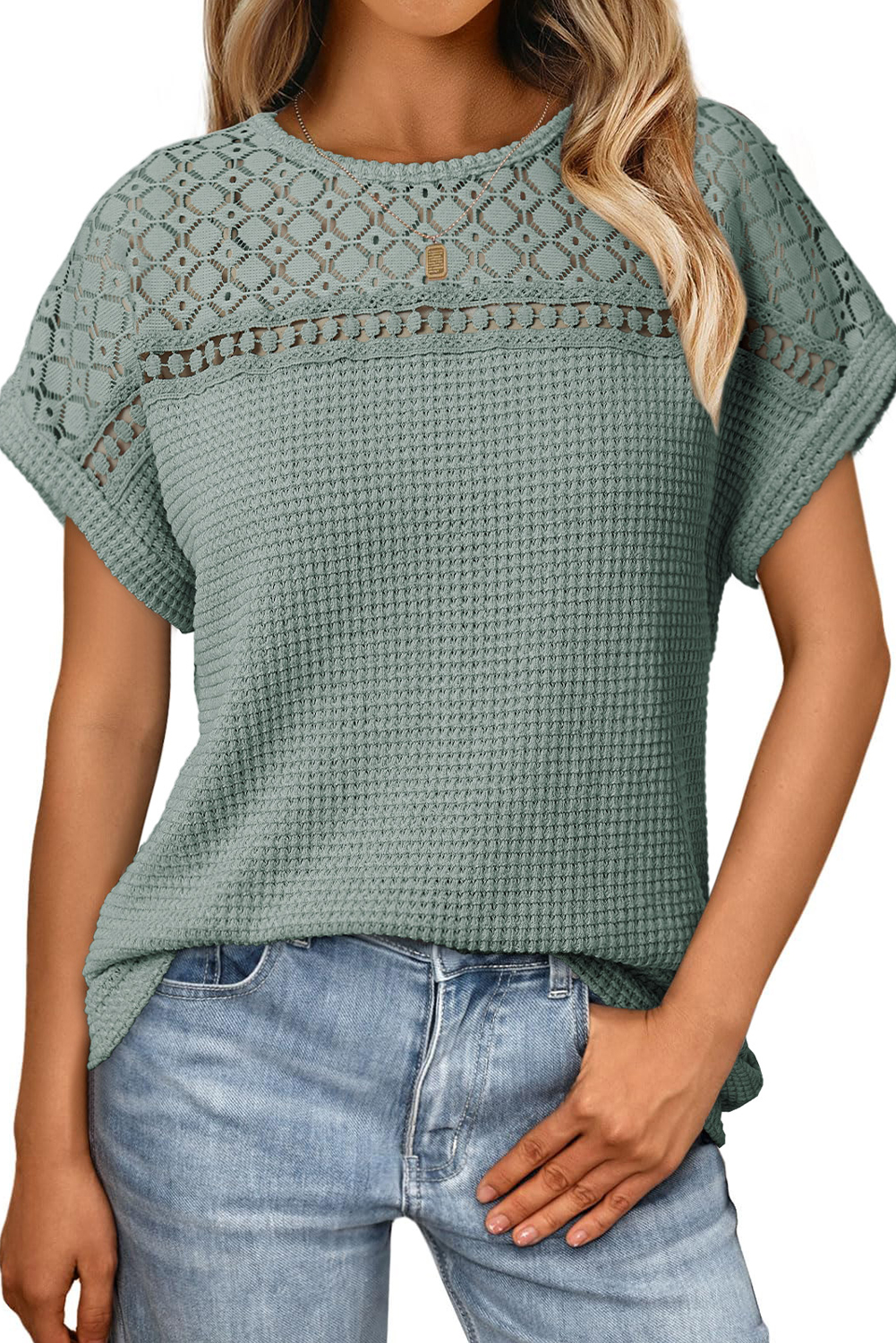 Women's Mist Green Waffle Top, Lace Patchwork Short Sleeve - Main View Women's Mist Green Waffle Top, Lace Patchwork Short Sleeve - Main View