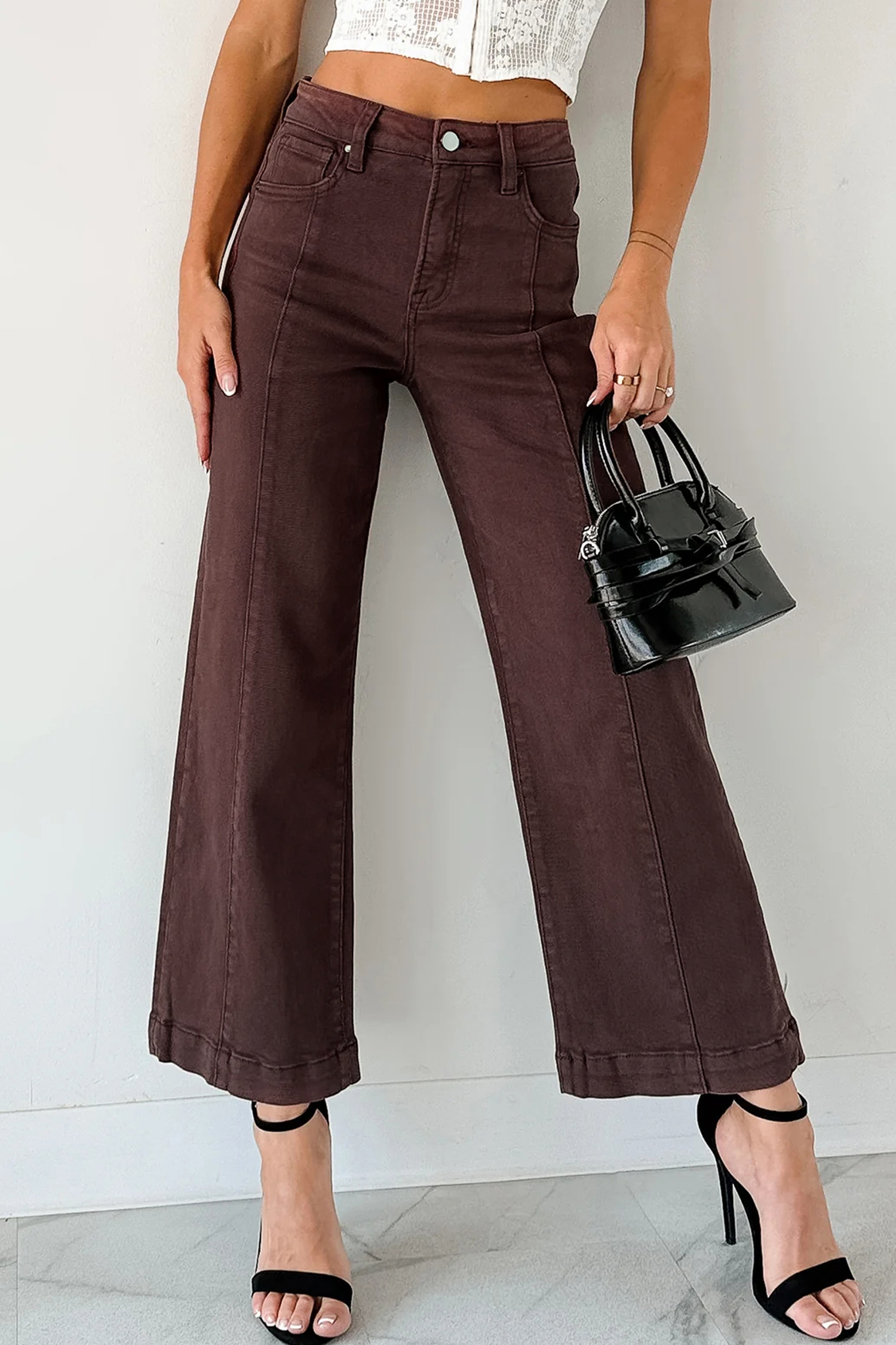 Women's Red Sandalwood Wide Leg Cropped Jeans – Casual Daily High Waist Denim - Detail View 7 Women's Red Sandalwood Wide Leg Cropped Jeans – Casual Daily High Waist Denim - Detail View 7