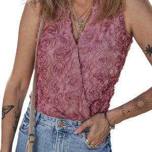 Women's Heather Floral Textured V Neck Sleeveless Bodysuit - Elegant and Chic - Main View