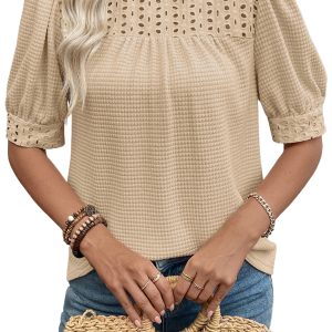 Women's Parchment Textured Knit Blouse – Ruffled Neck Short Sleeve with Eyelet Embroidery - Main View