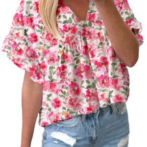 Women's Pink Floral Boxy Fit Ruffled Short Sleeve V Neck Blouse - Main View