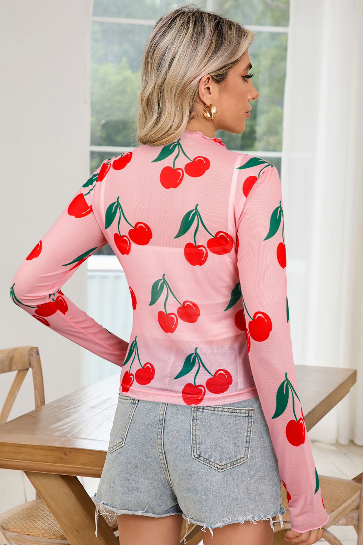 Casual Pink Cherry Print Long Sleeve Top with Lettuce Trim – Ideal for Valentine's Day - Detail View 6 Casual Pink Cherry Print Long Sleeve Top with Lettuce Trim – Ideal for Valentine's Day - Detail View 6