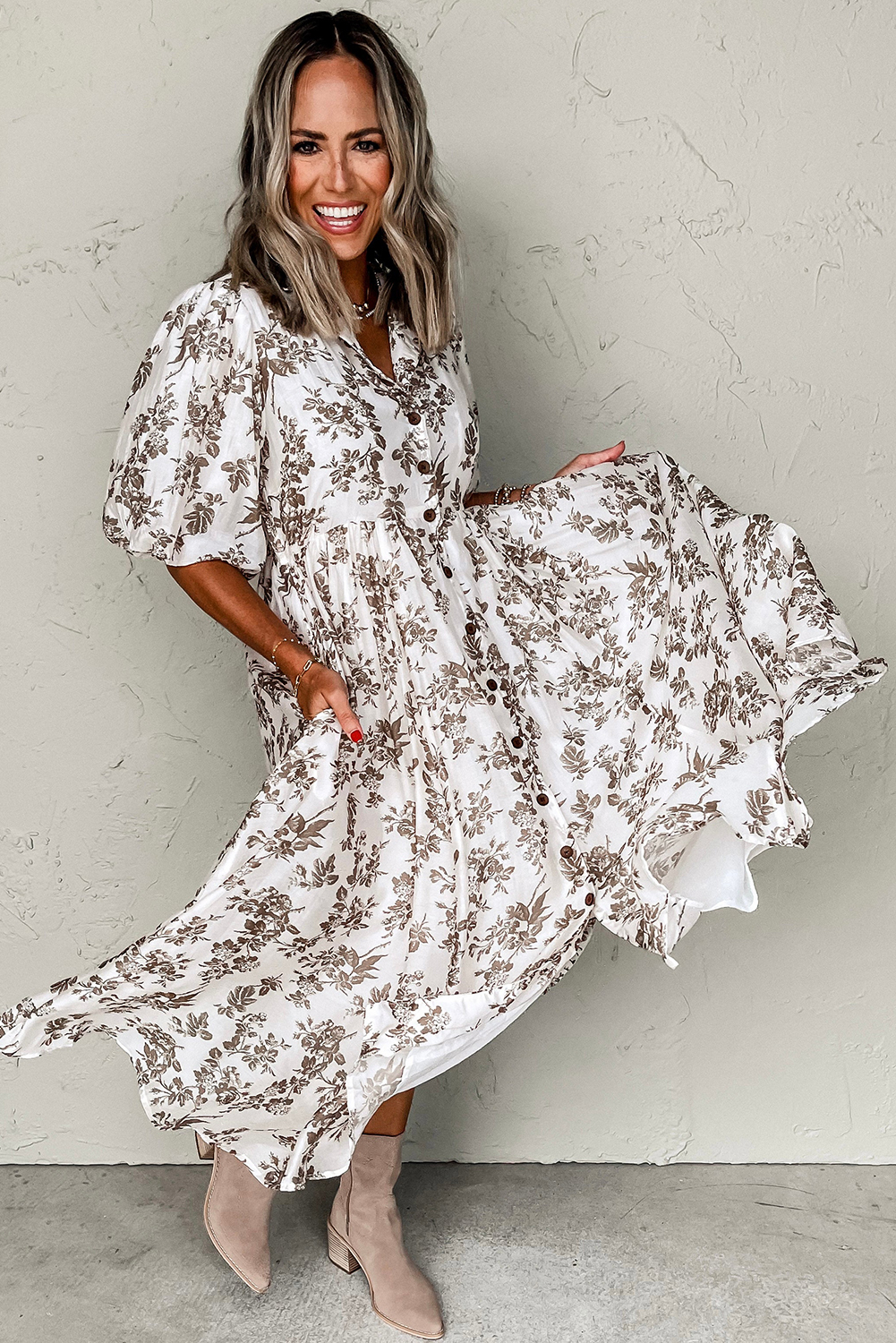 Women's Maxi Dress, Khaki Floral Dress, Puff Sleeve, V Neck, Buttoned Front, Elegant Style, Summer Fashion, Comfortable Fit, A-Line Silhouette, High Waist, Flattering Design, Daily Wear, Wedding Guest Dress, Lightweight Fabric, Flowing Maxi Dress - Detail View 8 Women's Maxi Dress, Khaki Floral Dress, Puff Sleeve, V Neck, Buttoned Front, Elegant Style, Summer Fashion, Comfortable Fit, A-Line Silhouette, High Waist, Flattering Design, Daily Wear, Wedding Guest Dress, Lightweight Fabric, Flowing Maxi Dress - Detail View 8