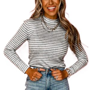 Women's Gray Stripe Ribbed High Neck Slim Fit Long Sleeve Top - Casual Fall Fashion - Main View