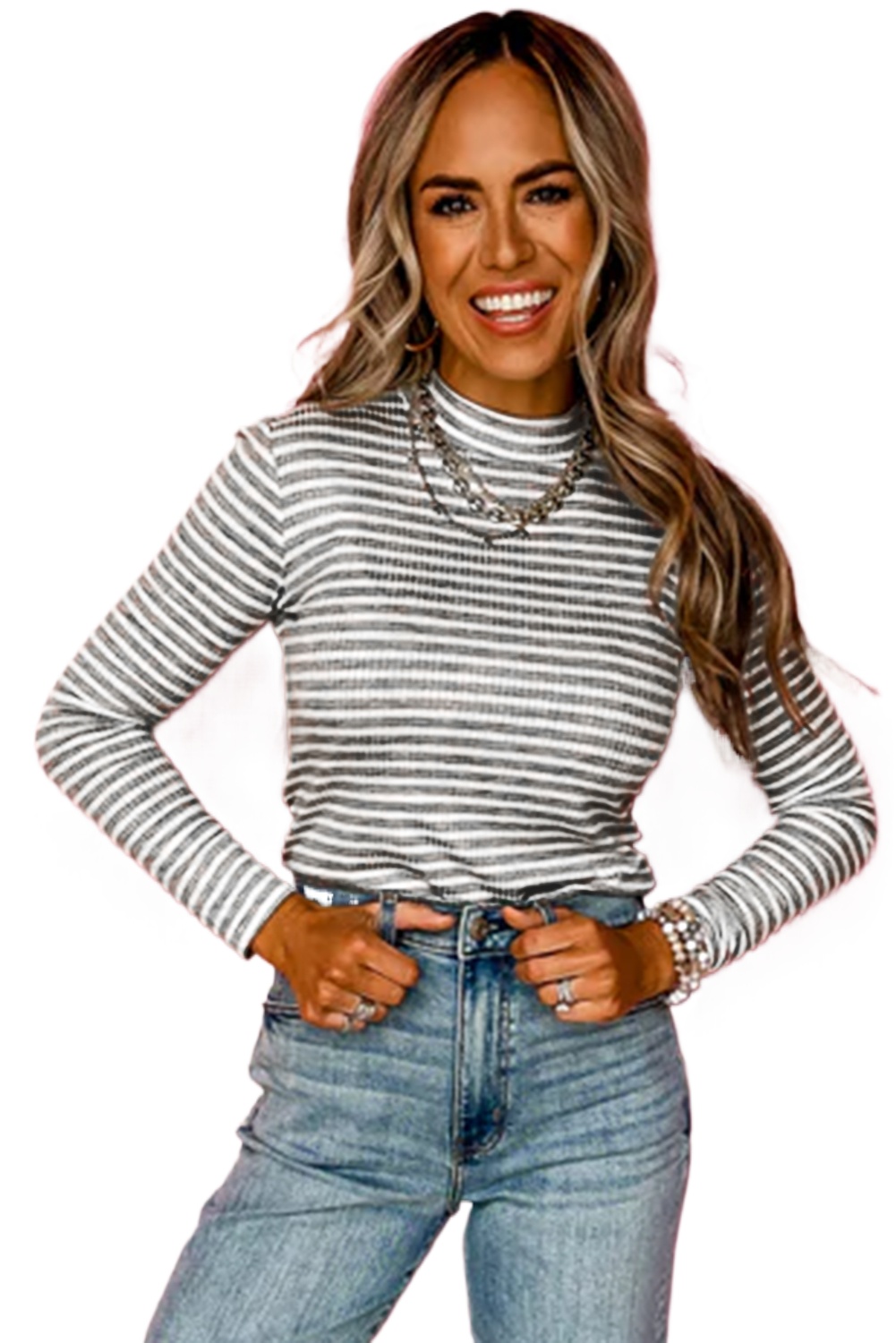 Women's Gray Stripe Ribbed High Neck Slim Fit Long Sleeve Top - Casual Fall Fashion - Main View Women's Gray Stripe Ribbed High Neck Slim Fit Long Sleeve Top - Casual Fall Fashion - Main View