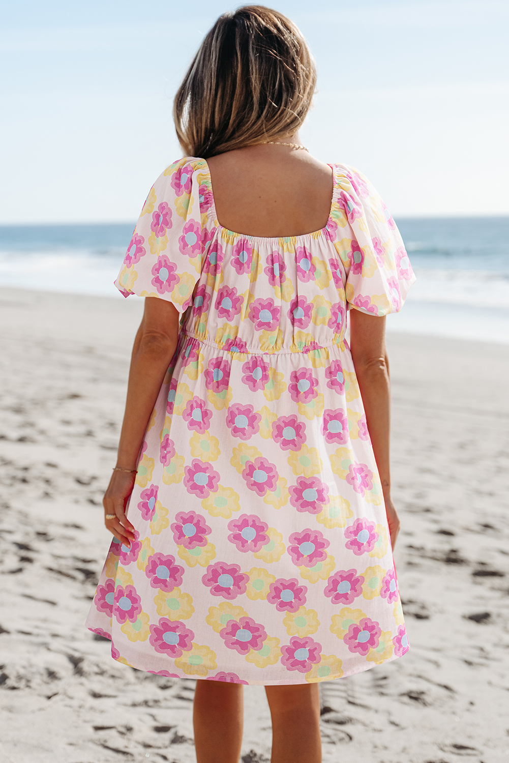 Women's Rose Vibrant Floral Square Neck Puff Sleeve Pleated Flared Midi Dress for Summer - Detail View 13 Women's Rose Vibrant Floral Square Neck Puff Sleeve Pleated Flared Midi Dress for Summer - Detail View 13