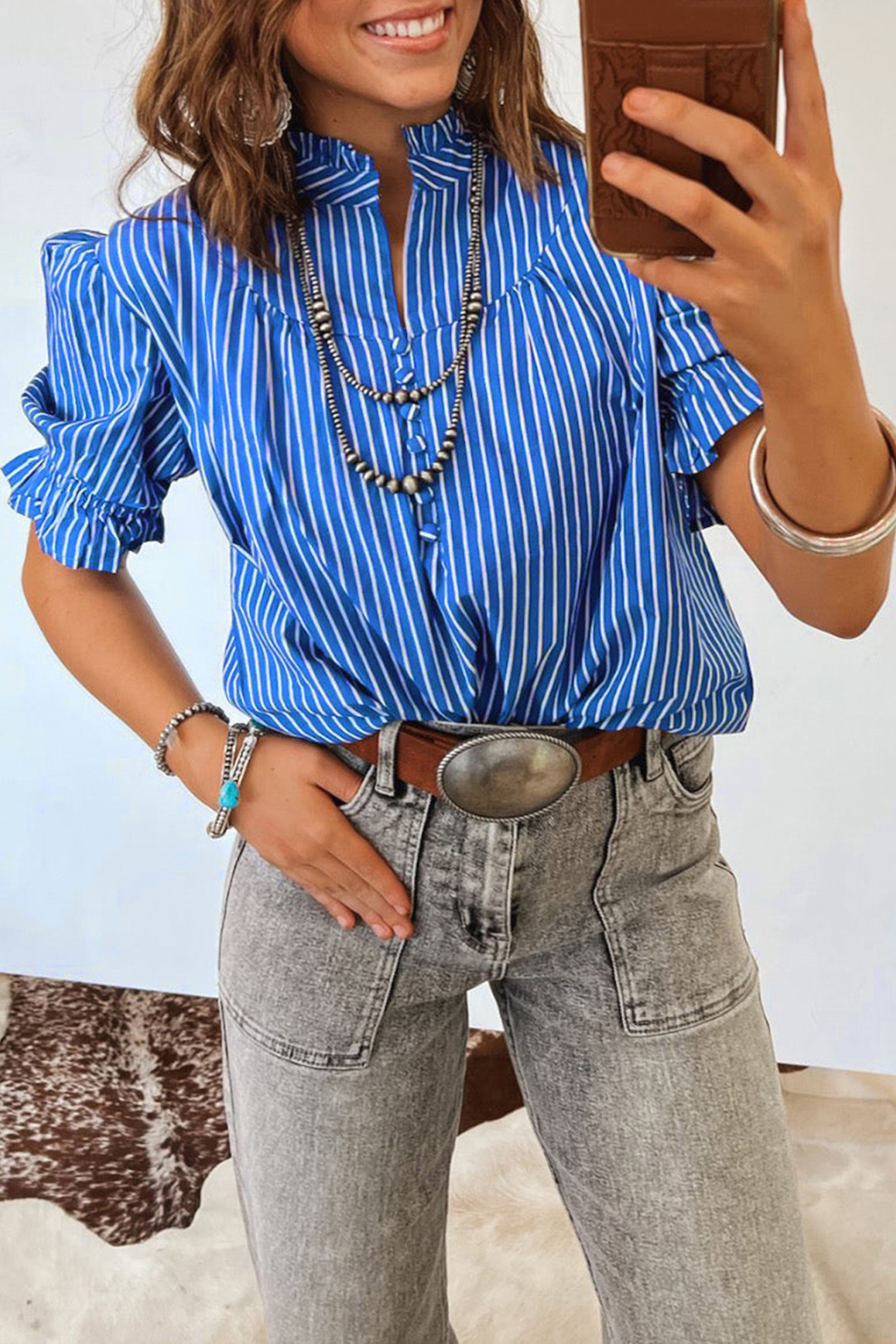 Lightweight Summer Striped Blouse for Women – Ruffled Button Front Shift Top, Western Casual Style - Detail View 6 Lightweight Summer Striped Blouse for Women – Ruffled Button Front Shift Top, Western Casual Style - Detail View 6