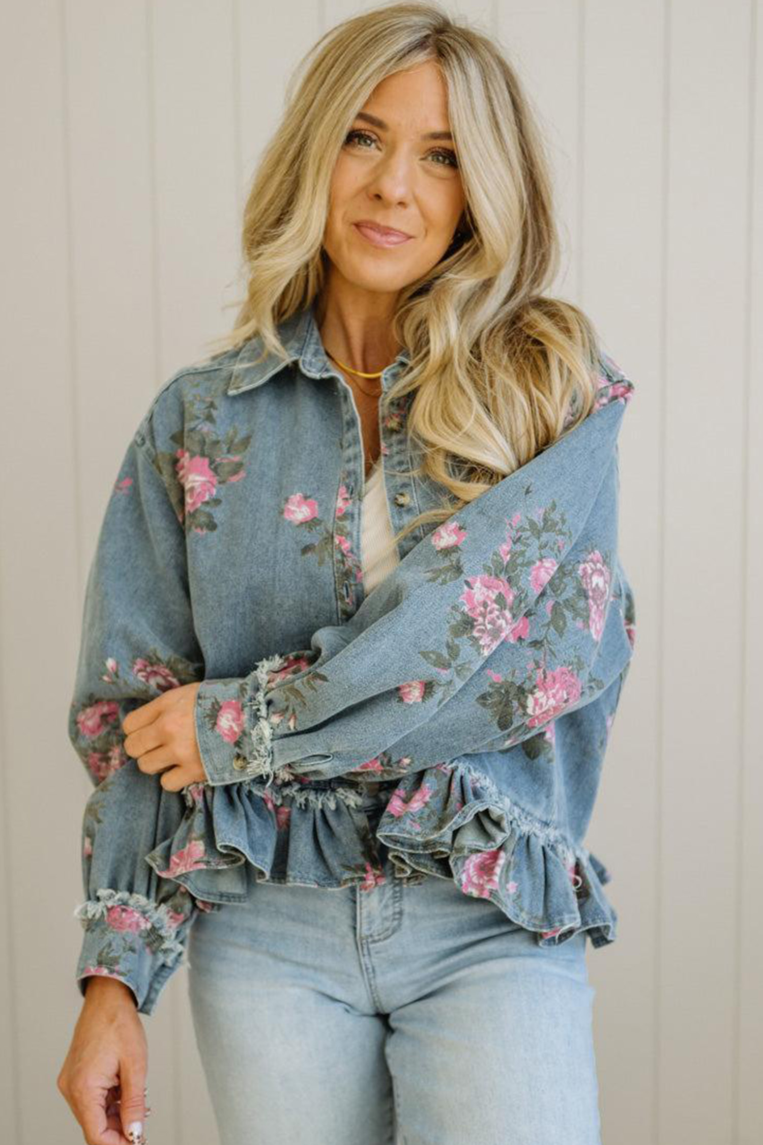 Women's Floral Denim Jacket, Casual Long Sleeve Ruffle Hem - Detail View 7 Women's Floral Denim Jacket, Casual Long Sleeve Ruffle Hem - Detail View 7
