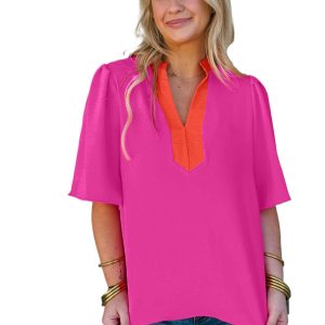 Women's Rose Red V Neck Colorblock Top – Casual Short Sleeve Shirt for Summer Days - Main View