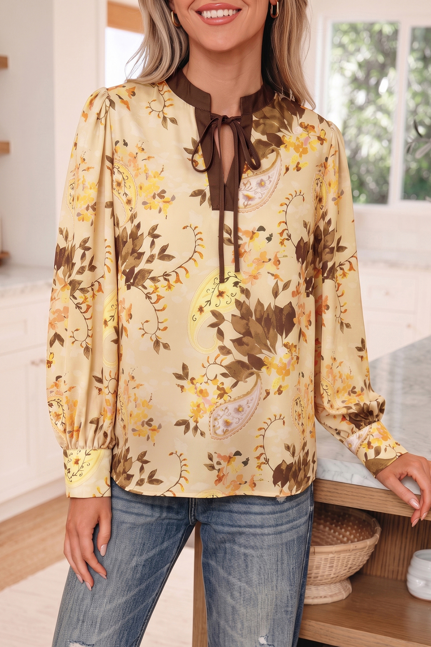 Bohemian Paisley Print Blouse, Women's Long Sleeve Daily Top - Detail View 2 Bohemian Paisley Print Blouse, Women's Long Sleeve Daily Top - Detail View 2