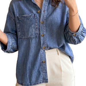 Women's Loose Denim Shirt, Three Quarter Sleeve Button Up - Main View