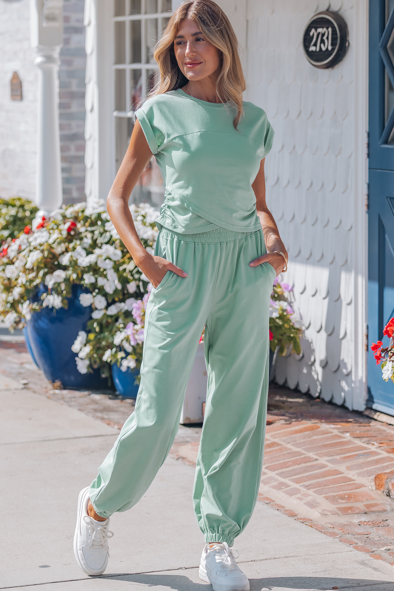 Activewear Jogger Set for Women – Moonlight Jade Cotton Blend Cropped Tank and High Waist Pants - Detail View 20 Activewear Jogger Set for Women – Moonlight Jade Cotton Blend Cropped Tank and High Waist Pants - Detail View 20