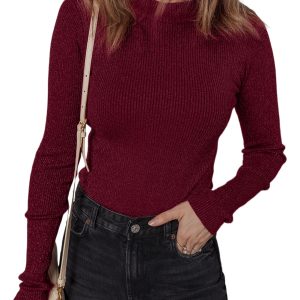 Women's Red Dahlia Metal Ribbed Knit Long Sleeve Slim Fit Top - Main View