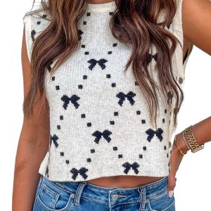 Charming White Bow Pattern Buttoned Side Cropped Sweater Vest for Women - Main View