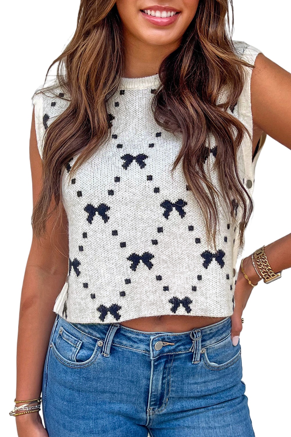 Charming White Bow Pattern Buttoned Side Cropped Sweater Vest for Women - Main View Charming White Bow Pattern Buttoned Side Cropped Sweater Vest for Women - Main View