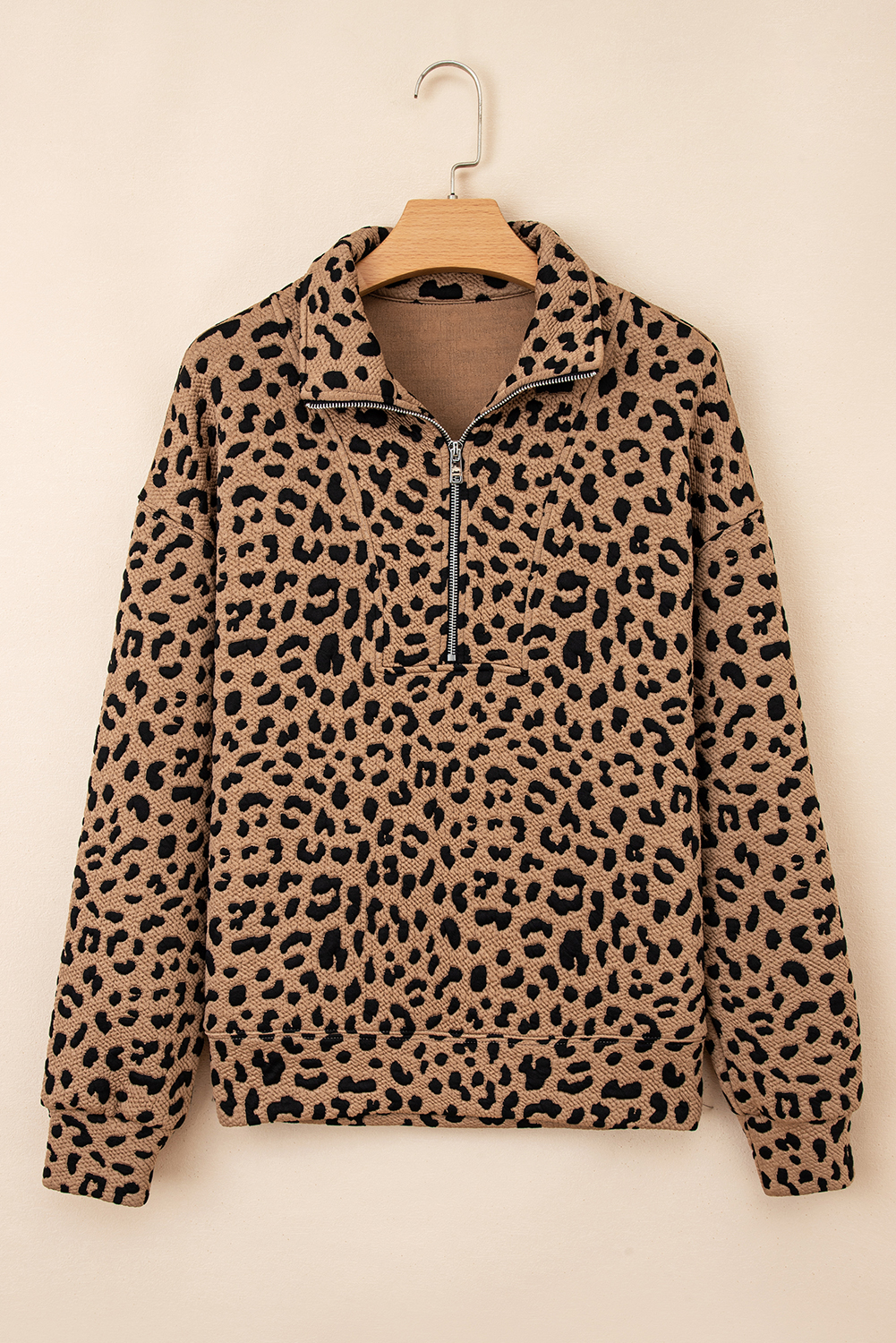 Women's Brown Leopard Print Quarter Zip Sweatshirt - Casual Fall Fashion - Detail View 5 Women's Brown Leopard Print Quarter Zip Sweatshirt - Casual Fall Fashion - Detail View 5