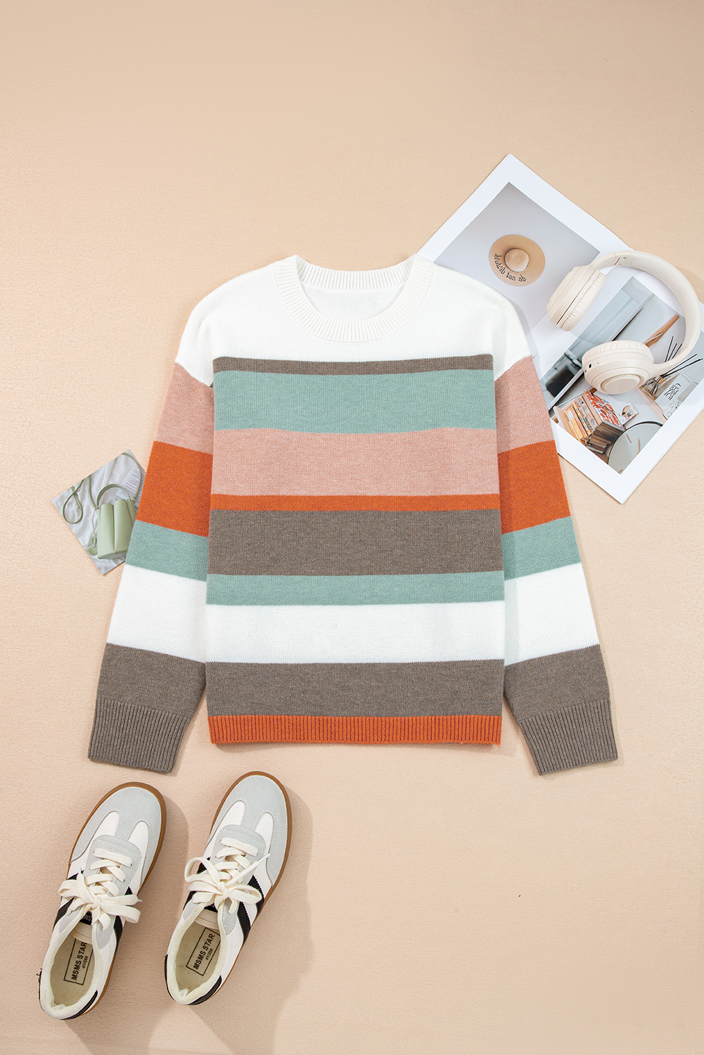 Women's Drop Shoulder Striped Knit Sweater in White for Fall - Detail View 5 Women's Drop Shoulder Striped Knit Sweater in White for Fall - Detail View 5