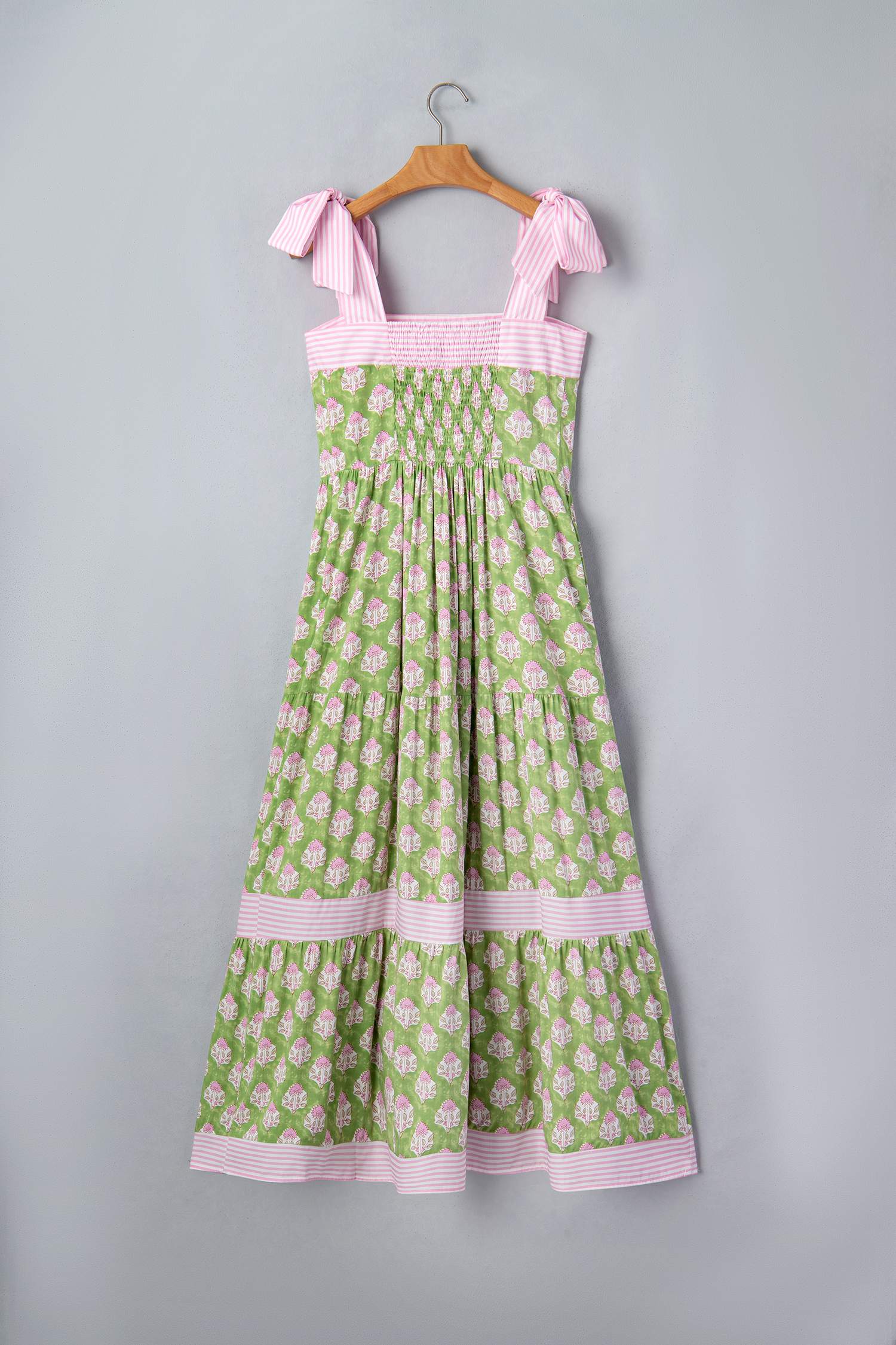 Women's Green Floral Maxi Dress – Sleeveless Patchwork A-Line Dress with Striped Knot Straps - Detail View 7 Women's Green Floral Maxi Dress – Sleeveless Patchwork A-Line Dress with Striped Knot Straps - Detail View 7