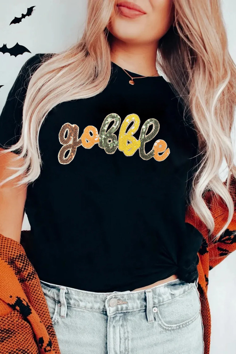 Casual Black Letter Graphic T-Shirt with Sequins – Perfect Thanksgiving Attire for Women - Detail View 3 Casual Black Letter Graphic T-Shirt with Sequins – Perfect Thanksgiving Attire for Women - Detail View 3