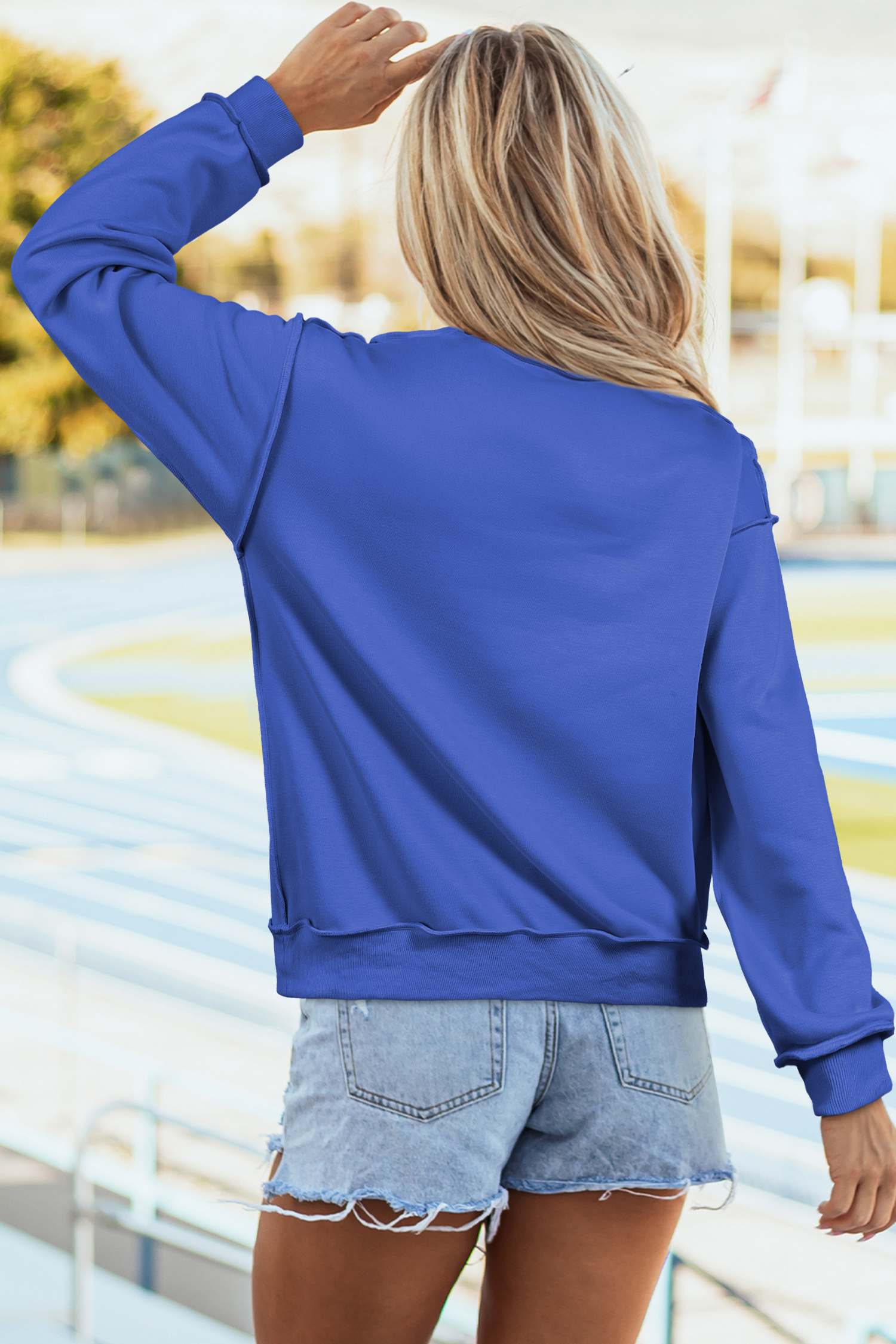 Chic Dark Blue Reversible Mock Neck Sweatshirt for Women – Texas Graphic Design for Daily Wear - Detail View 5 Chic Dark Blue Reversible Mock Neck Sweatshirt for Women – Texas Graphic Design for Daily Wear - Detail View 5