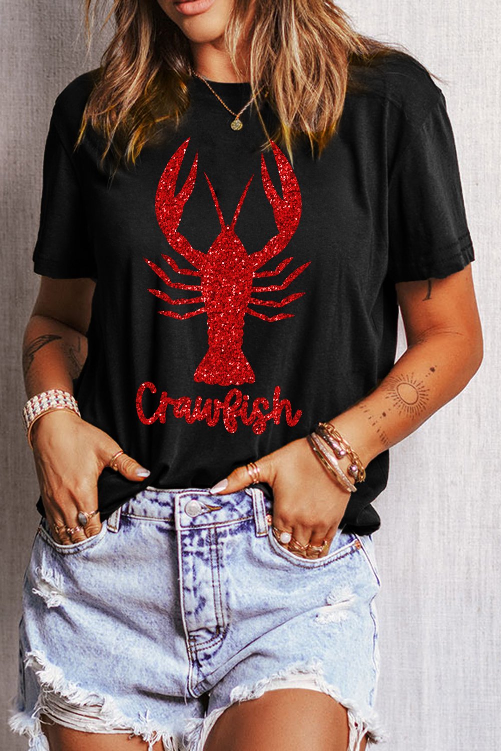 Playful Crawfish Print T-Shirt with Shimmering Finish for Women - Detail View 2 Playful Crawfish Print T-Shirt with Shimmering Finish for Women - Detail View 2