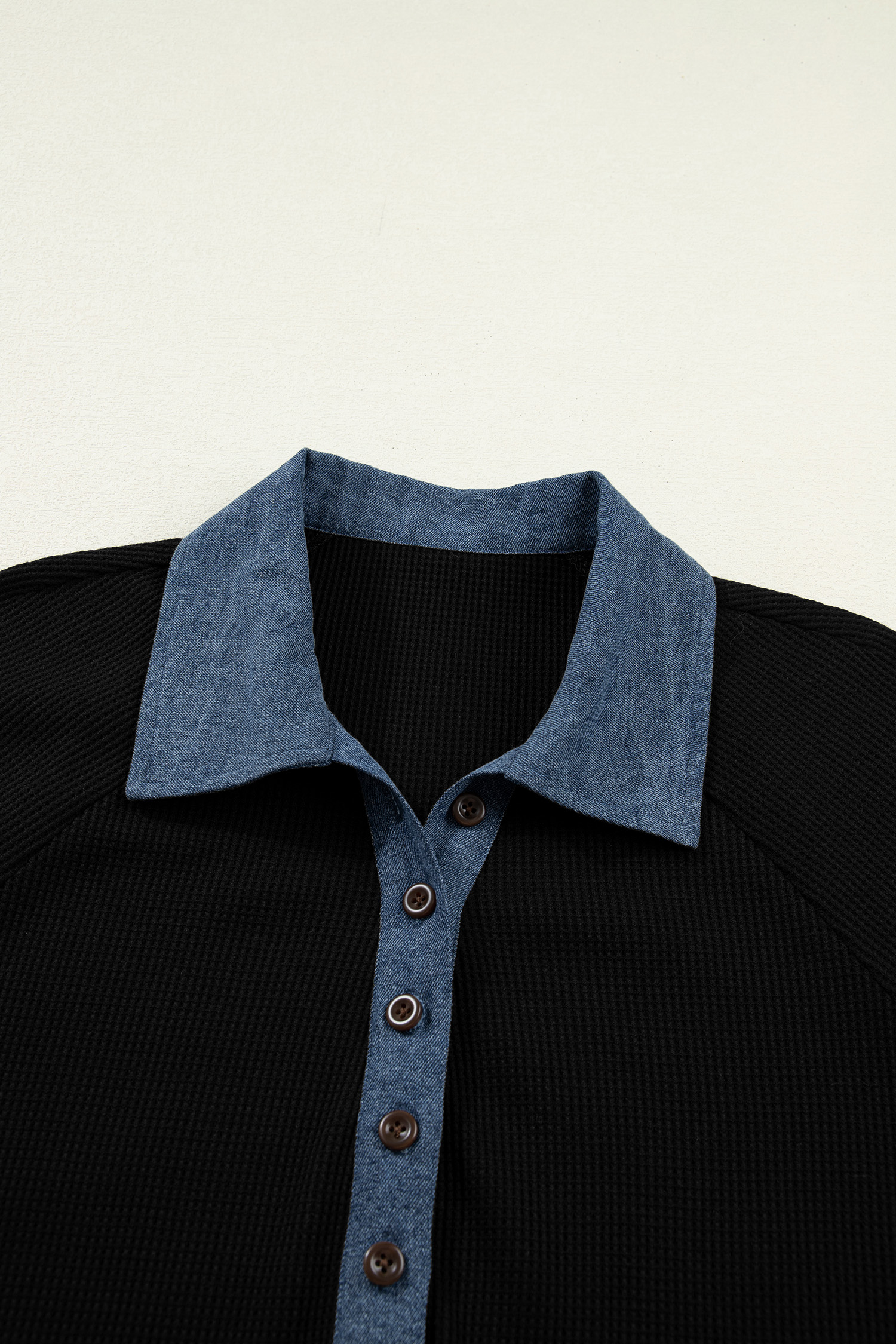 Casual Black Denim Patchwork Polo for Men - Long Sleeve Knit Top with Button Collar - Detail View 5 Casual Black Denim Patchwork Polo for Men - Long Sleeve Knit Top with Button Collar - Detail View 5