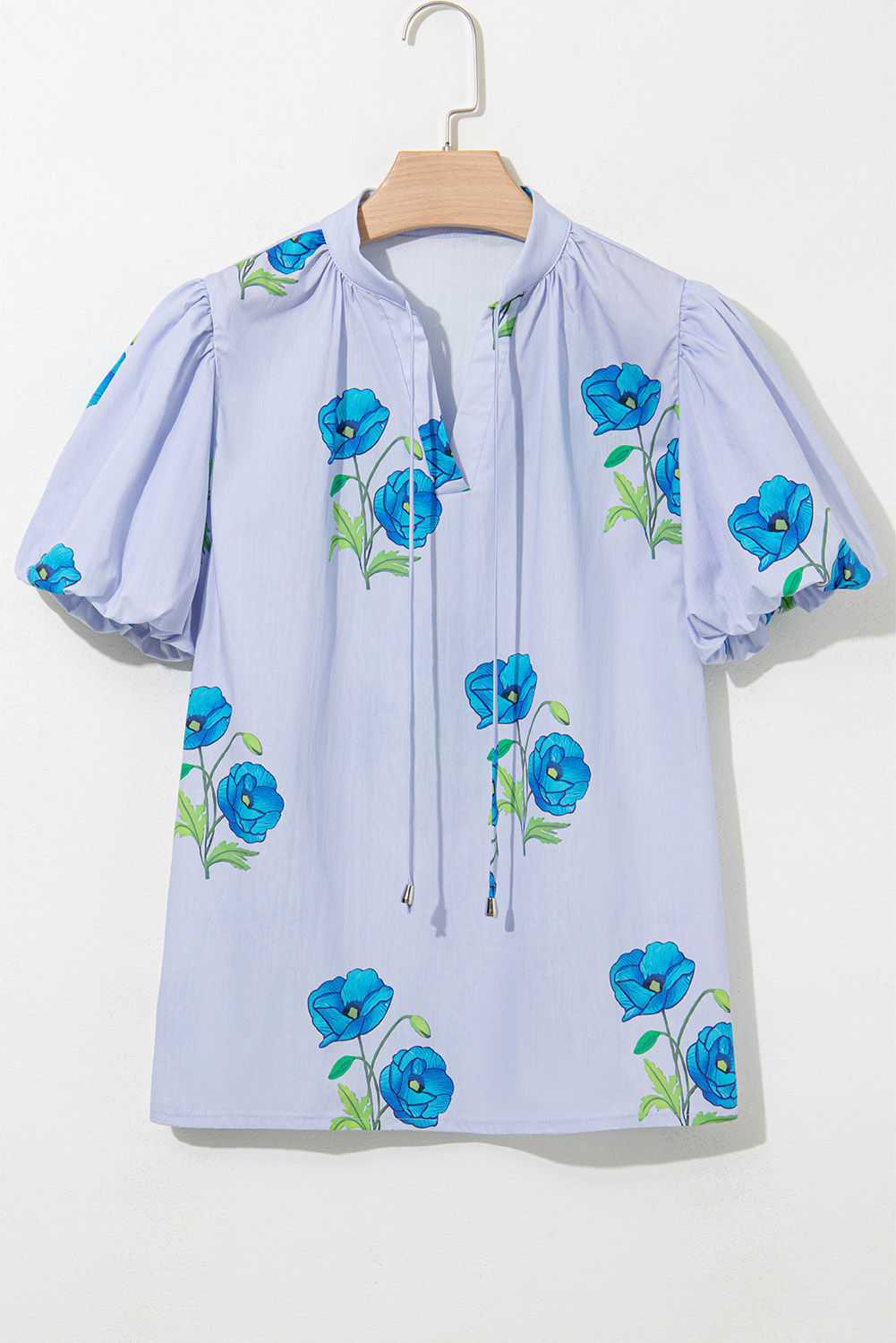 Trendy Sky Blue V Neck Blouse with Floral Design and Puff Sleeves - Detail View 6 Trendy Sky Blue V Neck Blouse with Floral Design and Puff Sleeves - Detail View 6