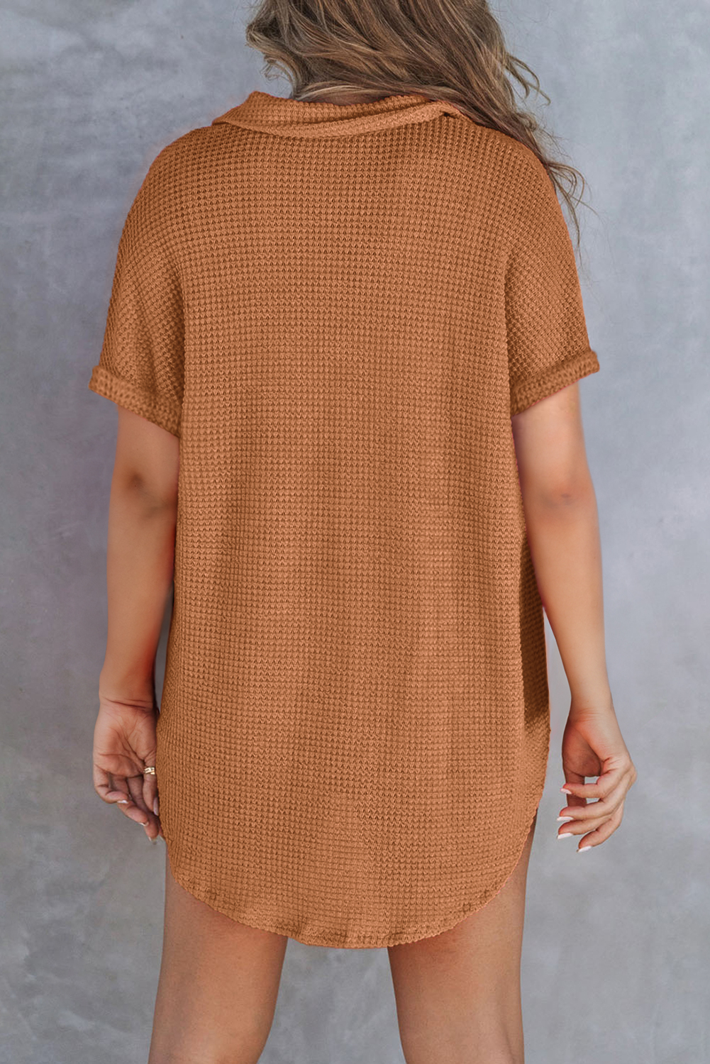 Casual Chestnut Polo Tee for Men – Short Sleeve Waffle Knit with Chest Pocket for Daily Wear - Detail View 2 Casual Chestnut Polo Tee for Men – Short Sleeve Waffle Knit with Chest Pocket for Daily Wear - Detail View 2