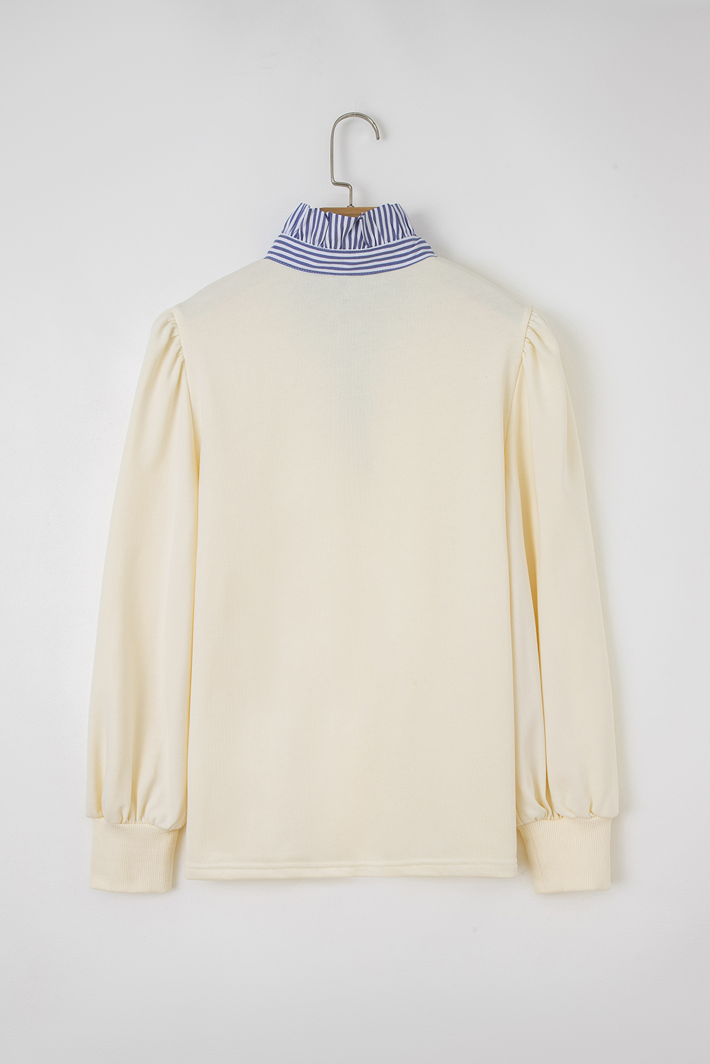 Casual Long Sleeve Sweatshirt with Striped Collar and Ruffle Details - Detail View 6 Casual Long Sleeve Sweatshirt with Striped Collar and Ruffle Details - Detail View 6