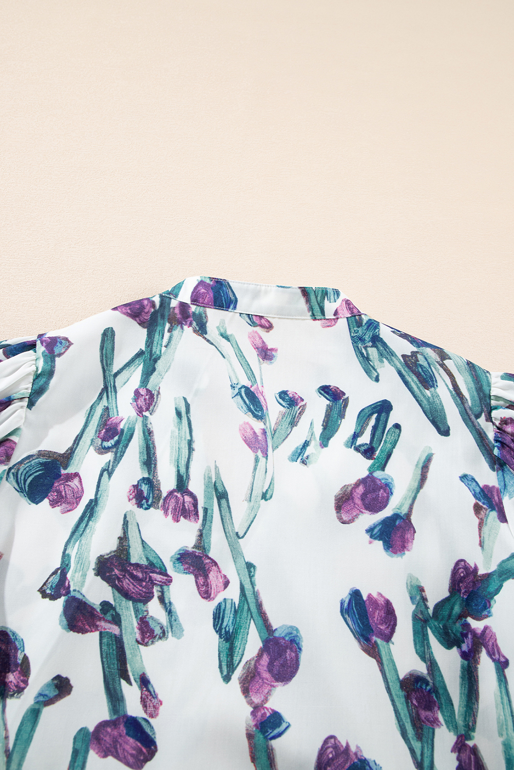 Women's Purple Floral Ricrac Trim Peplum Top with Puff Sleeves - Detail View 17 Women's Purple Floral Ricrac Trim Peplum Top with Puff Sleeves - Detail View 17