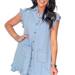 Women's Beau Blue Ruffled Edge Denim Shift Dress with Pockets – Casual Summer Style - Main View