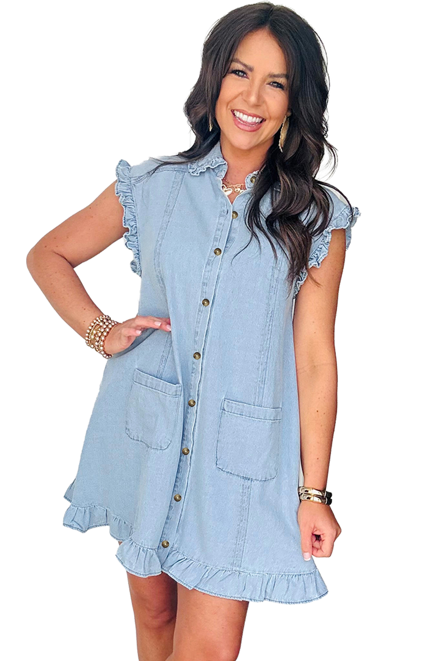 Women's Beau Blue Ruffled Edge Denim Shift Dress with Pockets – Casual Summer Style - Main View Women's Beau Blue Ruffled Edge Denim Shift Dress with Pockets – Casual Summer Style - Main View