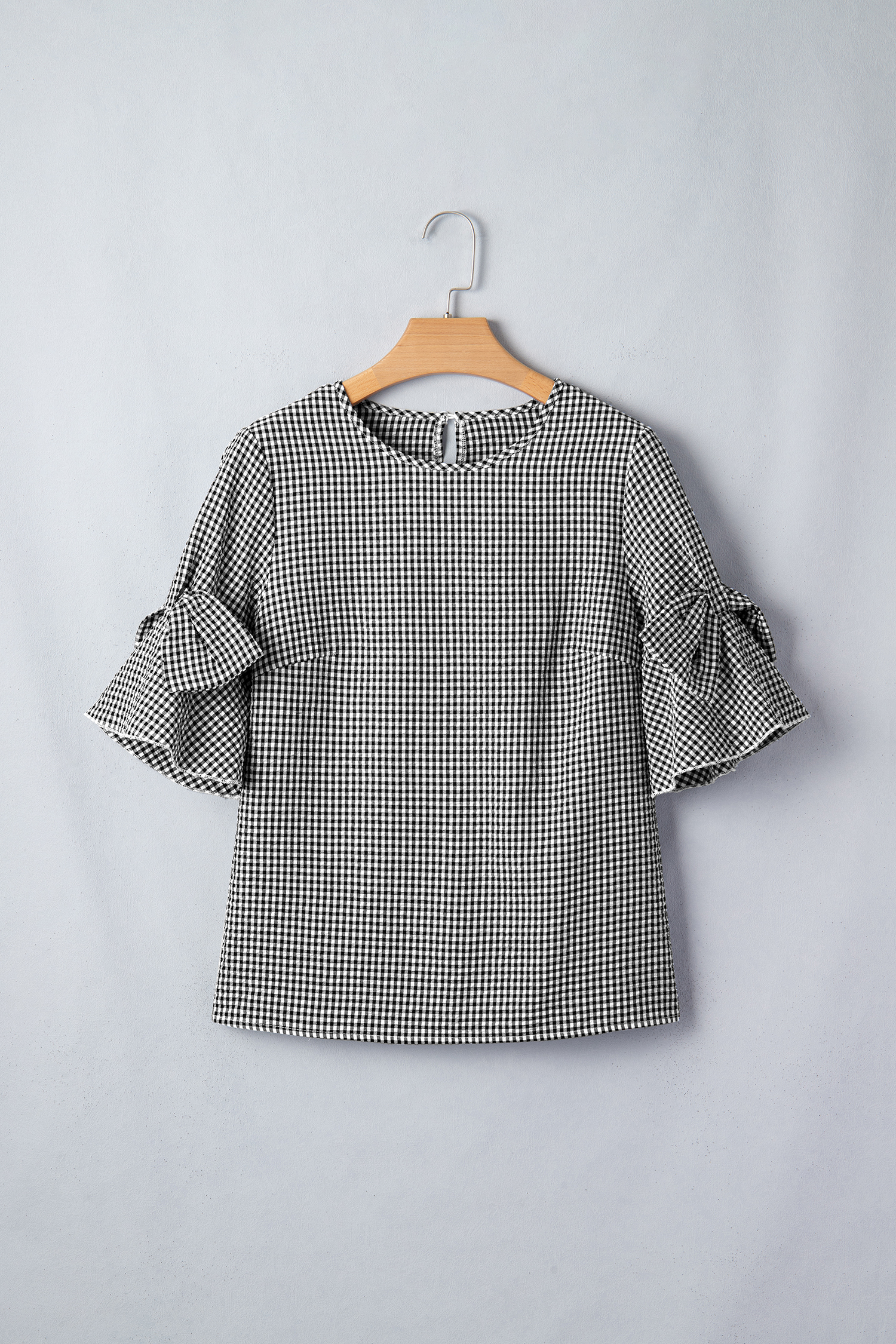 Women's Plaid Round Neck Blouse – Ruffled Half Sleeve Casual Top, Black Checkered Pattern - Detail View 7 Women's Plaid Round Neck Blouse – Ruffled Half Sleeve Casual Top, Black Checkered Pattern - Detail View 7
