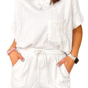 Women's Jet Stream Textured Patched Pocket Short Sleeve Top & Drawstring Shorts Set - Main View