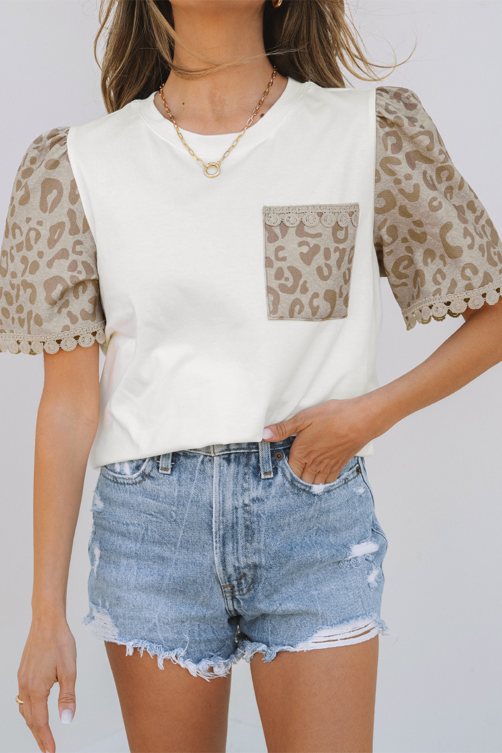 Women's T-Shirt, White Leopard Print, Puff Sleeve, Crochet Lace Trim, Round Neck, Elegant Style, Daily Wear, Summer Fashion, Stylish Tee, Eye-Catching Design, Functional Chest Pocket, Shift Silhouette, Tops & Tees - Detail View 8 Women's T-Shirt, White Leopard Print, Puff Sleeve, Crochet Lace Trim, Round Neck, Elegant Style, Daily Wear, Summer Fashion, Stylish Tee, Eye-Catching Design, Functional Chest Pocket, Shift Silhouette, Tops & Tees - Detail View 8