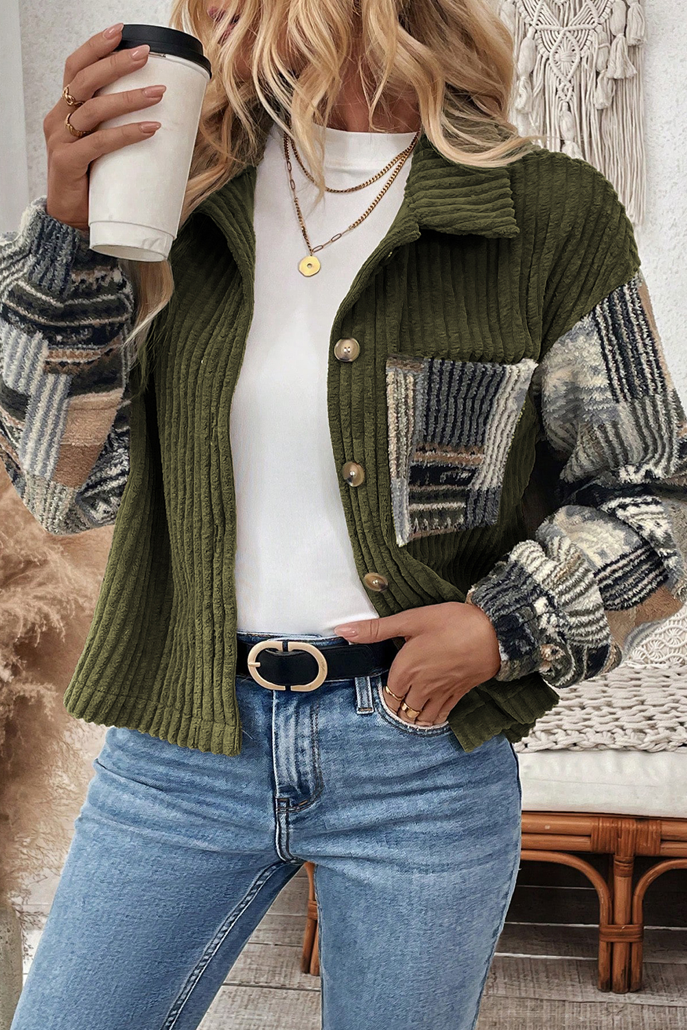 Casual Western-Style Jacket for Women in Jungle Green – Corduroy Plaid Print with Long Sleeves for Fall Outings - Detail View 2 Casual Western-Style Jacket for Women in Jungle Green – Corduroy Plaid Print with Long Sleeves for Fall Outings - Detail View 2