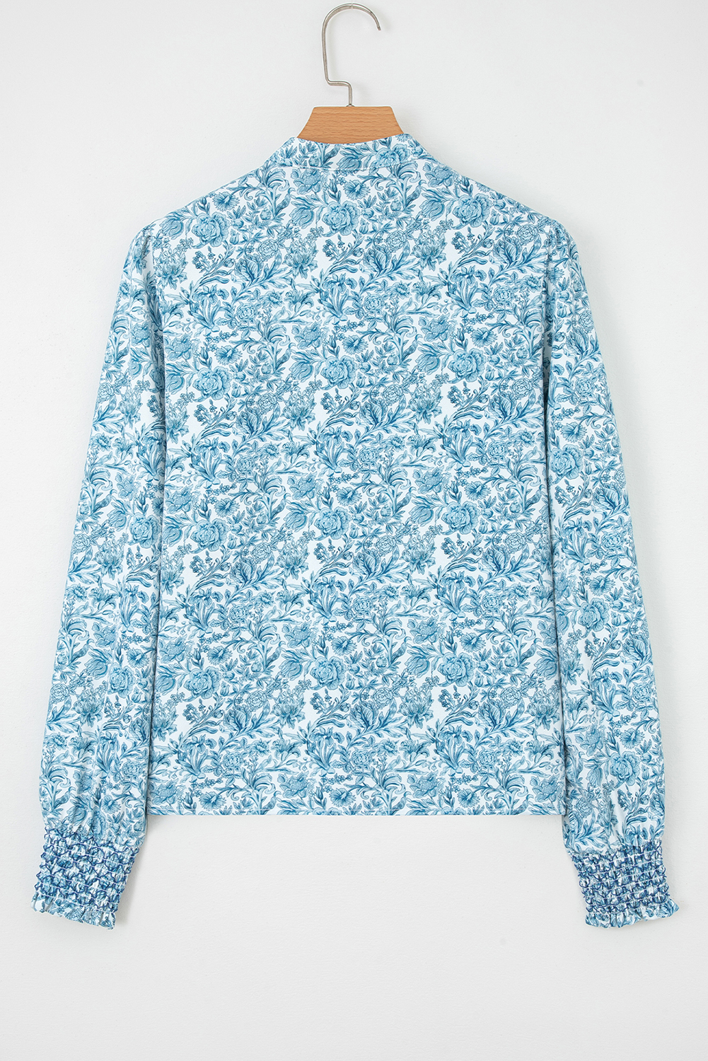 Women's Shirt, Sky Blue, Floral Print, Puff Sleeve, Long Sleeve, Casual Wear, Daily Outfit, Fall Fashion, Elegant Style, Shift Silhouette, Stand Neck, 100% Polyester, Southern Belle Style - Detail View 8 Women's Shirt, Sky Blue, Floral Print, Puff Sleeve, Long Sleeve, Casual Wear, Daily Outfit, Fall Fashion, Elegant Style, Shift Silhouette, Stand Neck, 100% Polyester, Southern Belle Style - Detail View 8
