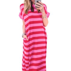 Women's Rose Stripe Maxi Dress – Casual Short Sleeve Tee Style - Main View