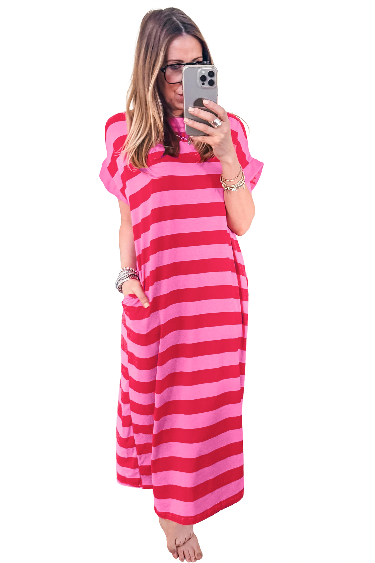 Women's Rose Stripe Maxi Dress – Casual Short Sleeve Tee Style - Main View Women's Rose Stripe Maxi Dress – Casual Short Sleeve Tee Style - Main View