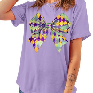 Women's Wisteria Mardi Gras Bowknot Pattern Crew Neck T-Shirt - Festive and Comfortable - Main View