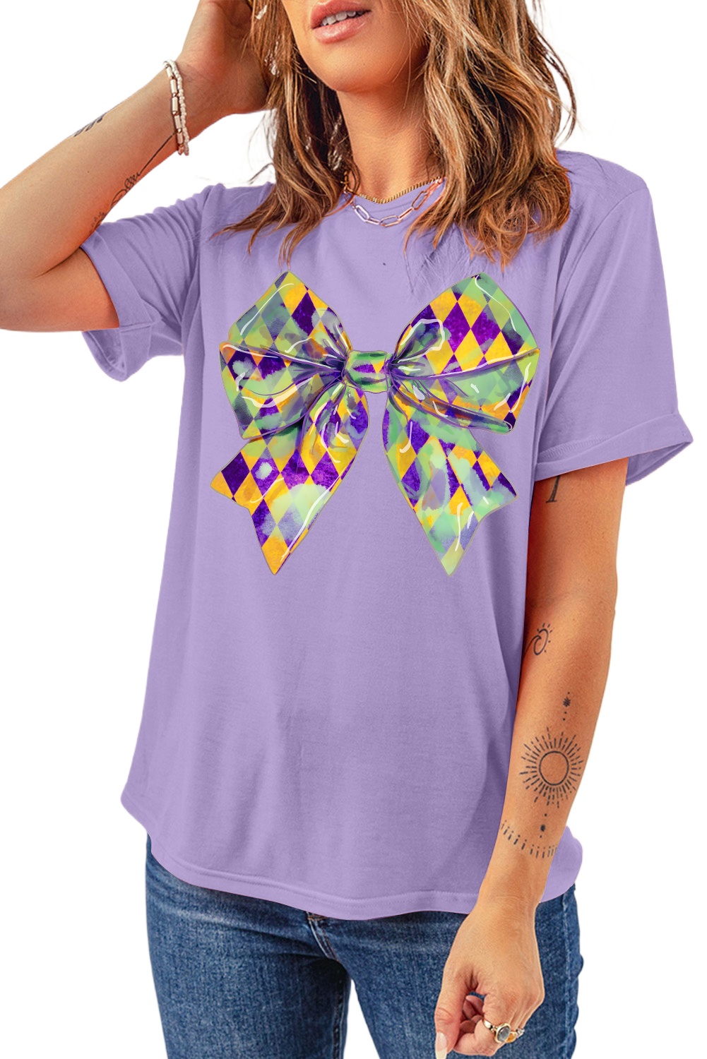 Women's Wisteria Mardi Gras Bowknot Pattern Crew Neck T-Shirt - Festive and Comfortable - Main View Women's Wisteria Mardi Gras Bowknot Pattern Crew Neck T-Shirt - Festive and Comfortable - Main View