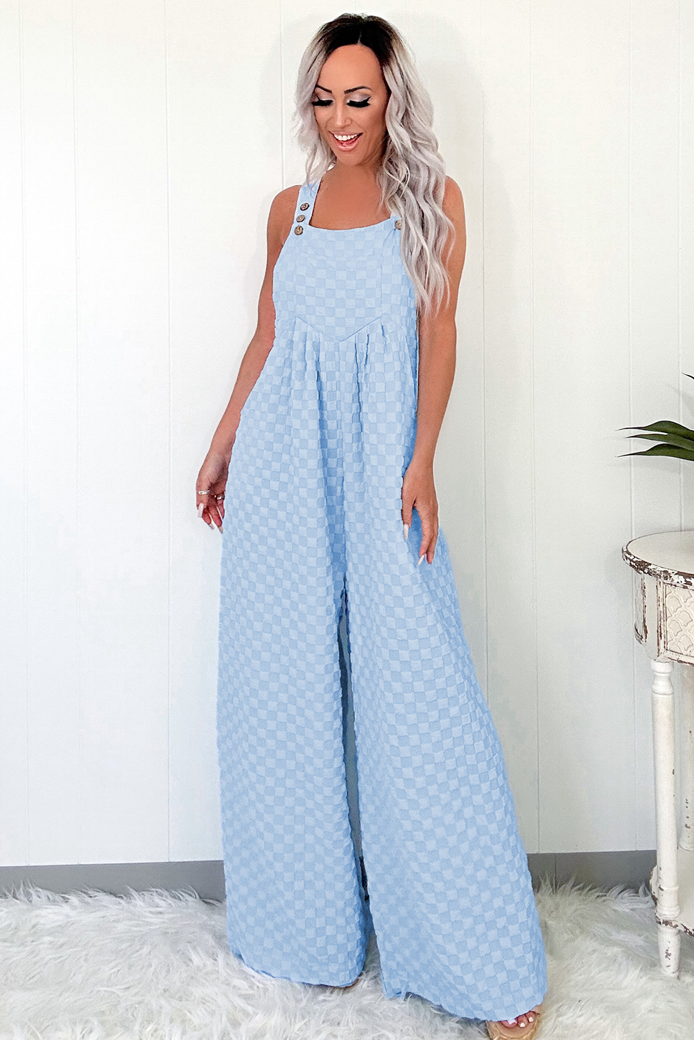 Casual Checkered Overall, High Waist Wide Leg Women's Romper - Detail View 17 Casual Checkered Overall, High Waist Wide Leg Women's Romper - Detail View 17