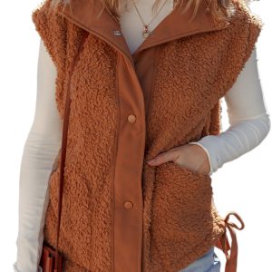 Cinnamon Faux Fur Snap Button Front Knot Side Plush Vest with Pockets for Women - Main View