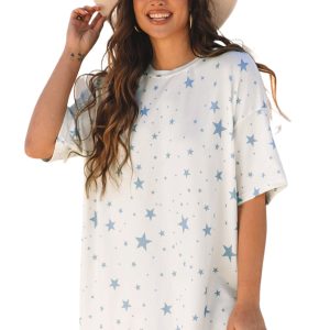 Stylish Sky Blue Stars Print Drop Shoulder Oversized T-Shirt with Slits - Main View