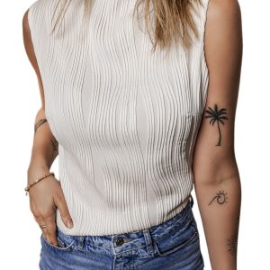 Women's White Wavy Textured Round Neck Sleeveless Tank Top for Casual Summer Wear - Main View