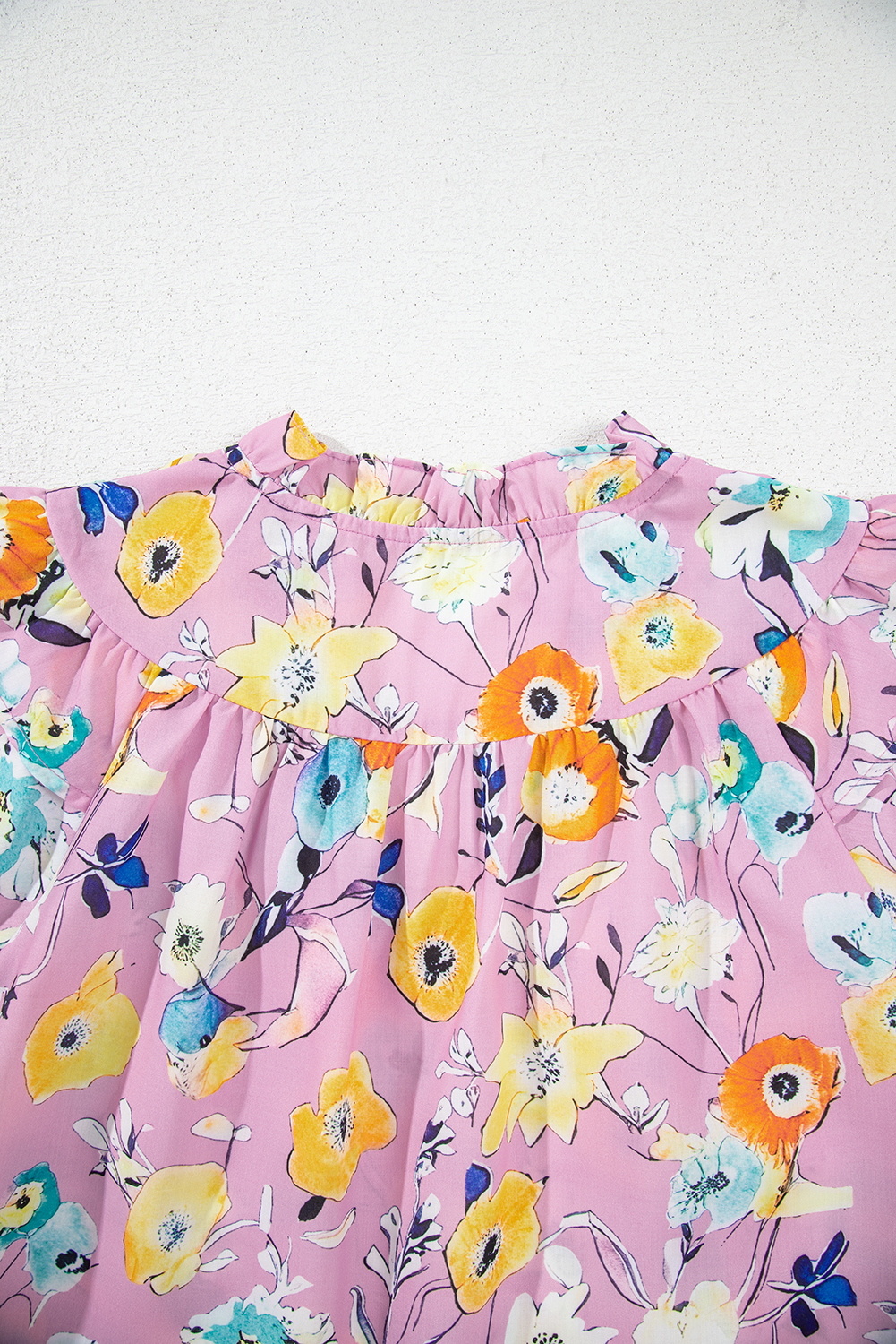 Chic Floral Print V Neck Blouse for Daily Wear - Pink Flutter Sleeve Top - Detail View 6 Chic Floral Print V Neck Blouse for Daily Wear - Pink Flutter Sleeve Top - Detail View 6