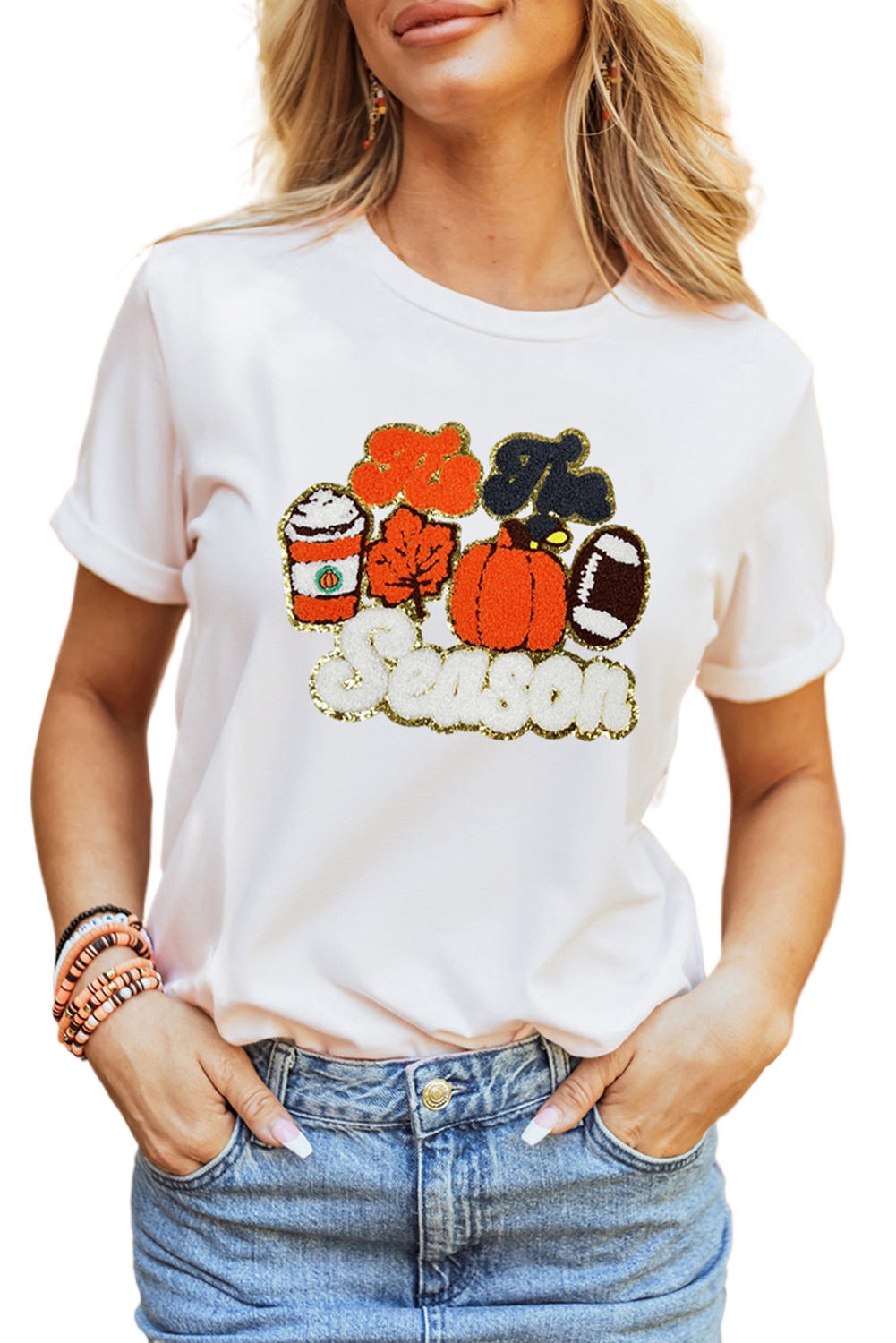 Women's White 'Tis The Season Pumpkin Spice Latte Lover Graphic Crewneck T-Shirt - Main View Women's White 'Tis The Season Pumpkin Spice Latte Lover Graphic Crewneck T-Shirt - Main View