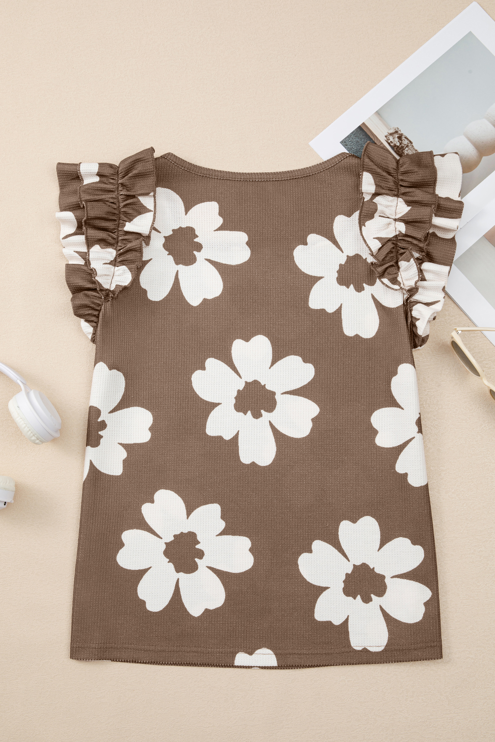 Women's Blouse, Brown Floral, Textured Fabric, Ruffled Sleeves, Short Sleeve, Square Neck, Casual Style, Elegant Design, Summer Outfit, Vintage Floral Print, Shift Silhouette, Daily Wear, Outdoor Fashion, Vacation Top - Detail View 4 Women's Blouse, Brown Floral, Textured Fabric, Ruffled Sleeves, Short Sleeve, Square Neck, Casual Style, Elegant Design, Summer Outfit, Vintage Floral Print, Shift Silhouette, Daily Wear, Outdoor Fashion, Vacation Top - Detail View 4